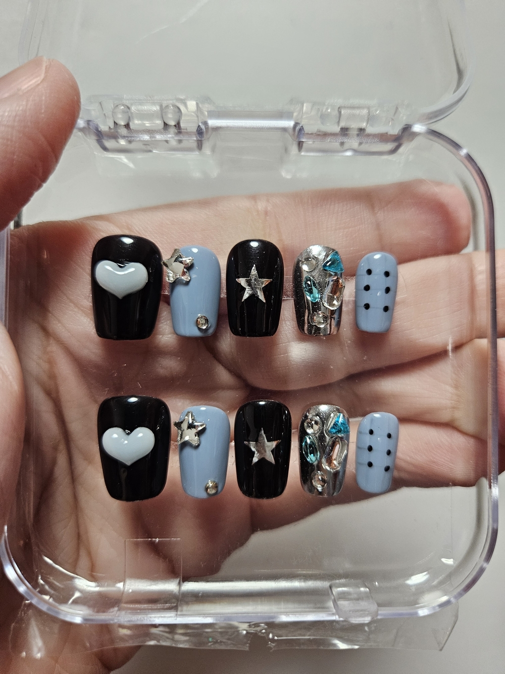 Black & Light Blue Star and Heart Press-On Nail Set